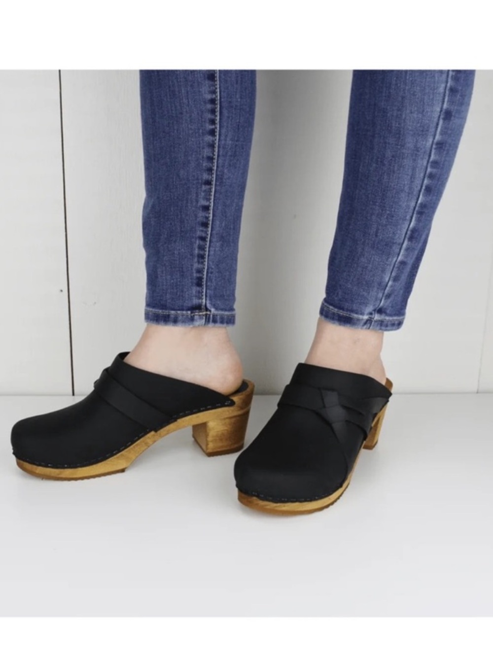 Sanita Manuella Open Back Heeled Black Leather Clog